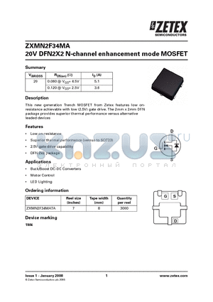 ZXMN2F34MATA datasheet - 20V DFN2X2 N-channel enhancement mode MOSFET