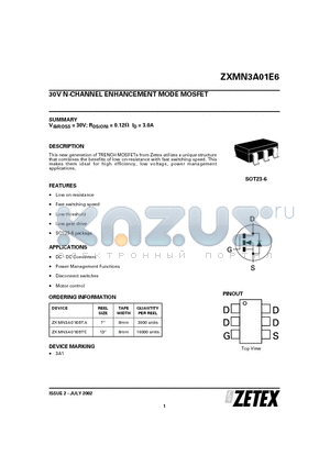 ZXMN3A01E6TC datasheet - 30V N-CHANNEL ENHANCEMENT MODE MOSFET