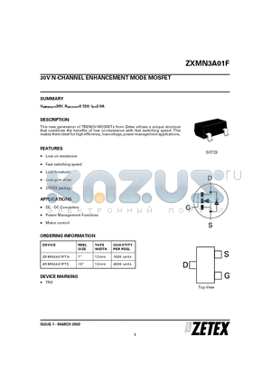 ZXMN3A01F datasheet - 30V N-CHANNEL ENHANCEMENT MODE MOSFET