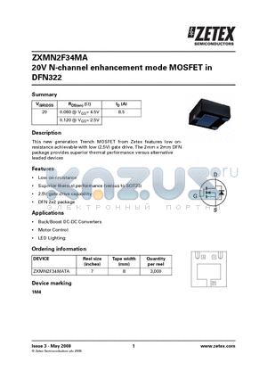 ZXMN2F34MATA datasheet - 20V N-channel enhancement mode MOSFET