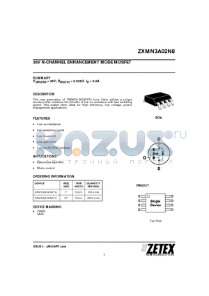 ZXMN3A02N8 datasheet - 30V N-CHANNEL ENHANCEMENT MODE MOSFET