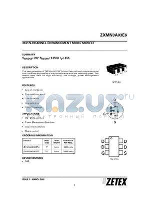 ZXMN3A03E6 datasheet - 30V N-CHANNEL ENHANCEMENT MODE MOSFET