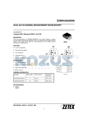 ZXMN3A04DN8TC datasheet - DUAL 30V N-CHANNEL ENHANCEMENT MODE MOSFET