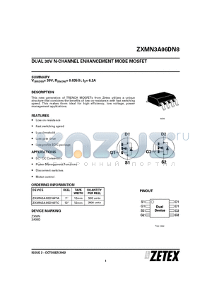 ZXMN3A06DN8TA datasheet - DUAL 30V N-CHANNEL ENHANCEMENT MODE MOSFET