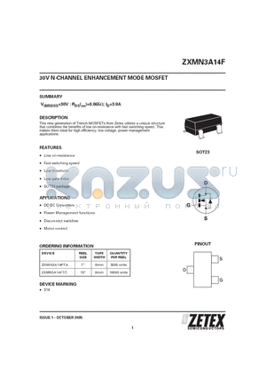 ZXMN3A14F datasheet - 30V N-CHANNEL ENHANCEMENT MODE MOSFET