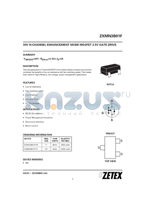 ZXMN3B01F datasheet - 30V N-CHANNEL ENHANCEMENT MODE MOSFET 2.5V GATE DRIVE