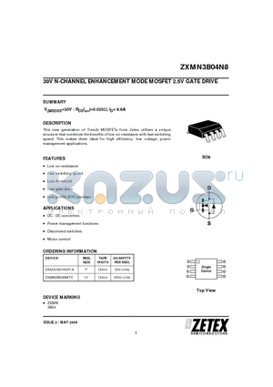 ZXMN3B04N8TA datasheet - 30V N-CHANNEL ENHANCEMENT MODE MOSFET 2.5V GATE DRIVE
