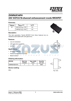 ZXMN3F30FH datasheet - 30V SOT23 N-channel enhancement mode MOSFET