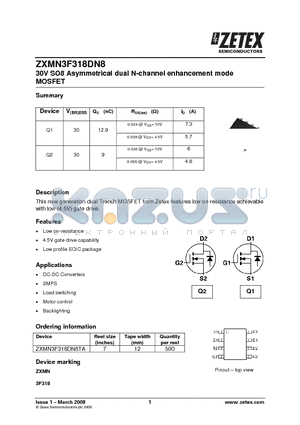 ZXMN3F318DN8 datasheet - 30V SO8 Asymmetrical dual N-channel enhancement mode