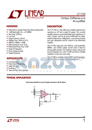 LT1193IS8 datasheet - Video Difference Amplifier