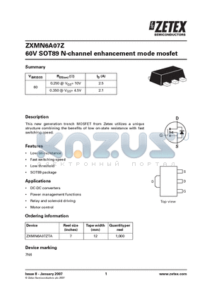 ZXMN6A07Z datasheet - 60V SOT89 N-channel enhancement mode mosfet
