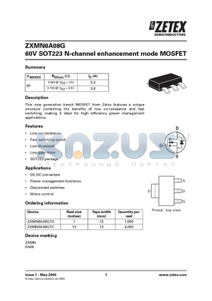 ZXMN6A08G datasheet - 60V SOT223 N-channel enhancement mode MOSFET