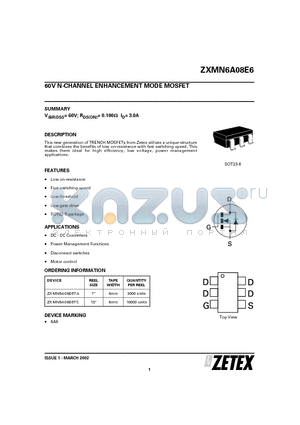 ZXMN6A08E6 datasheet - 60V N-CHANNEL ENHANCEMENT MODE MOSFET