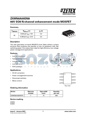 ZXMN6A09DN8TA datasheet - 60V SO8 N-channel enhancement mode MOSFET