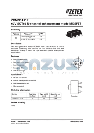 ZXMN6A11ZTA datasheet - 60V SOT89 N-channel enhancement mode MOSFET