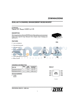 ZXMN6A25DN8TA datasheet - DUAL 60V N-CHANNEL ENHANCEMENT MODE MOSFET