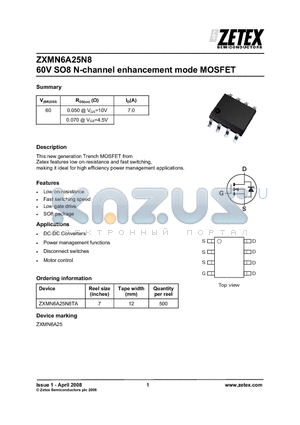 ZXMN6A25 datasheet - 60V SO8 N-channel enhancement mode MOSFET