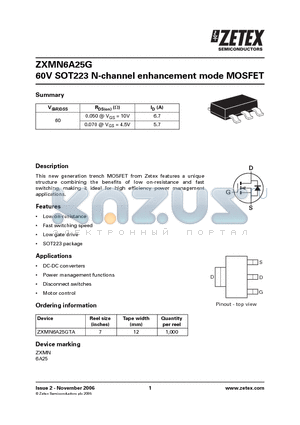 ZXMN6A25G datasheet - 60V SOT223 N-channel enhancement mode MOSFET