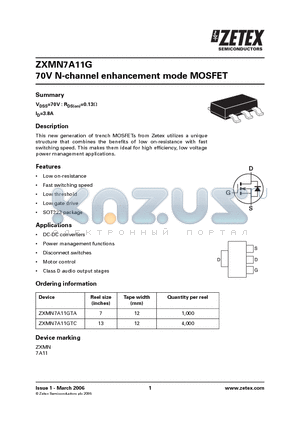 ZXMN7A11GTA datasheet - 70V N-channel enhancement mode MOSFET