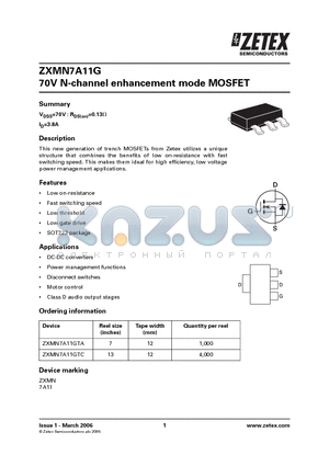 ZXMN7A11GTC datasheet - 70V N-channel enhancement mode MOSFET