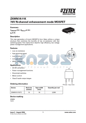 ZXMN7A11K datasheet - 70V N-channel enhancement mode MOSFET