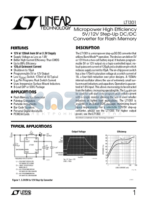 LT1301I datasheet - Micropower High Efficiency 5V/12V Step-Up DC/DC Converter for Flash Memory