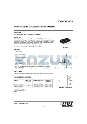 ZXMP2120G4TA datasheet - 200V P-CHANNEL ENHANCEMENT MODE MOSFET