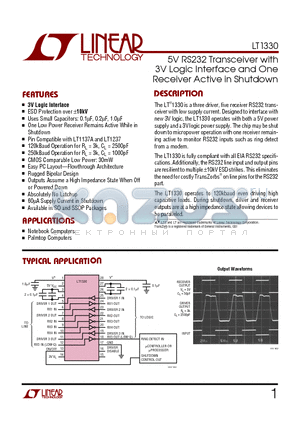 LT1330 datasheet - 5V RS232 Transceiver with 3V Logic Interface and One Receiver Active in Shutdown