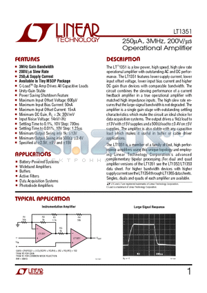 LT1351 datasheet - 250uA, 3MHz, 200V/us Operational Amplifier