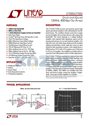 LT1355CS8 datasheet - Dual and Quad 12MHz, 400V/us Op Amps