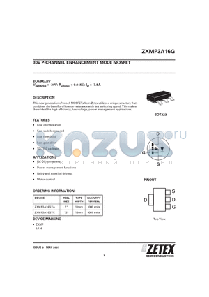 ZXMP3A16G_07 datasheet - 30V P-CHANNEL ENHANCEMENT MODE MOSFET