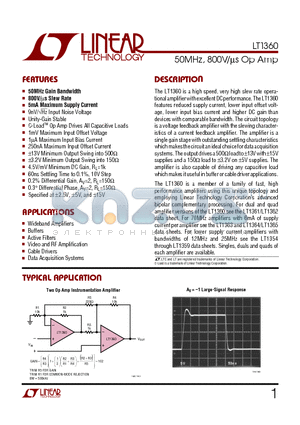 LT1360CN8 datasheet - 50MHz, 800V/us Op Amp