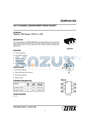 ZXMP3A17E6TA datasheet - 30V P-CHANNEL ENHANCEMENT MODE MOSFET