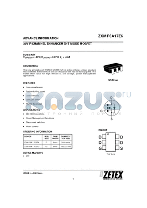 ZXMP3A17E6 datasheet - 30V P-CHANNEL ENHANCEMENT MODE MOSFET
