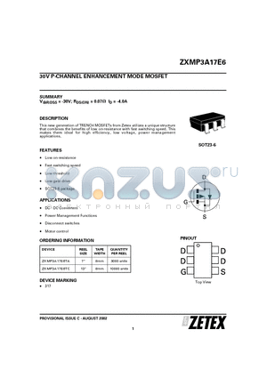 ZXMP3A17E6TC datasheet - 30V P-CHANNEL ENHANCEMENT MODE MOSFET