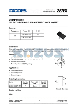 ZXMP3F30FHTA datasheet - 30V SOT23 P-CHANNEL ENHANCEMENT MODE MOSFET