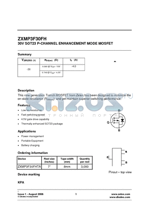 ZXMP3F30FH datasheet - 30V SOT23 P-CHANNEL ENHANCEMENT MODE MOSFET