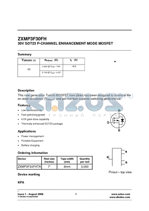ZXMP3F30FHTA datasheet - 30V SOT23 P-CHANNEL ENHANCEMENT MODE MOSFET