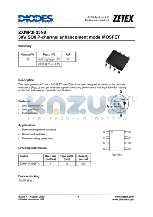 ZXMP3F35N8 datasheet - 30V SO8 P-channel enhancement mode MOSFET