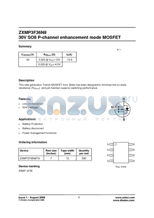 ZXMP3F36N8TA datasheet - 30V SO8 P-channel enhancement mode MOSFET