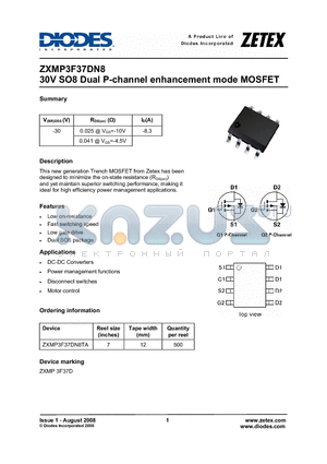 ZXMP3F37DN8 datasheet - 30V SO8 Dual P-channel enhancement mode MOSFET