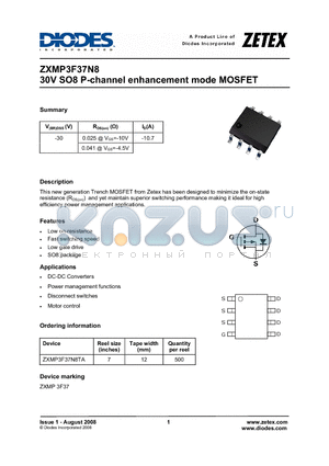 ZXMP3F37N8 datasheet - 30V SO8 P-channel enhancement mode MOSFET