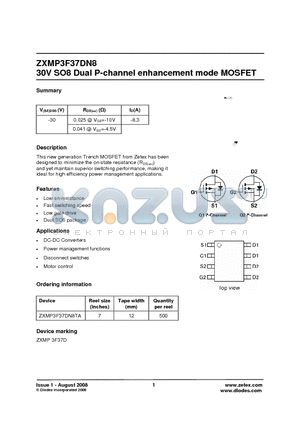 ZXMP3F37DN8 datasheet - 30V SO8 Dual P-channel enhancement mode MOSFET