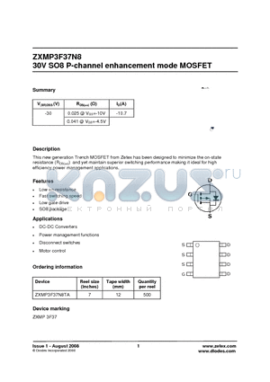 ZXMP3F37N8 datasheet - 30V SO8 P-channel enhancement mode MOSFET