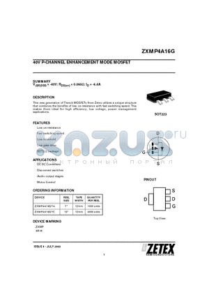 ZXMP4A16GTA datasheet - 40V P-CHANNEL ENHANCEMENT MODE MOSFET