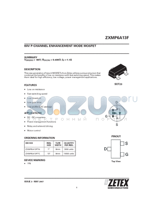ZXMP6A13F datasheet - 60V P-CHANNEL ENHANCEMENT MODE MOSFET