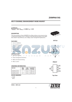 ZXMP6A13G datasheet - 60V P-CHANNEL ENHANCEMENT MODE MOSFET