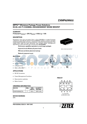 ZXMP62M832 datasheet - MPPS Miniature Package Power Solutions DUAL 20V P-CHANNEL ENHANCEMENT MODE MOSFET