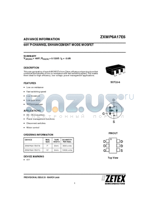 ZXMP6A17E6 datasheet - 60V P-CHANNEL ENHANCEMENT MODE MOSFET