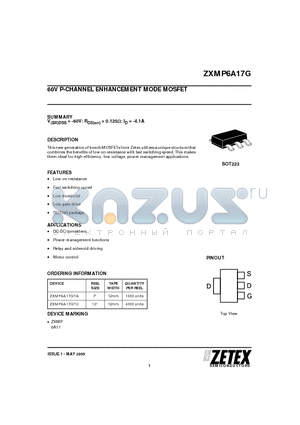 ZXMP6A17GTA datasheet - 60V P-CHANNEL ENHANCEMENT MODE MOSFET